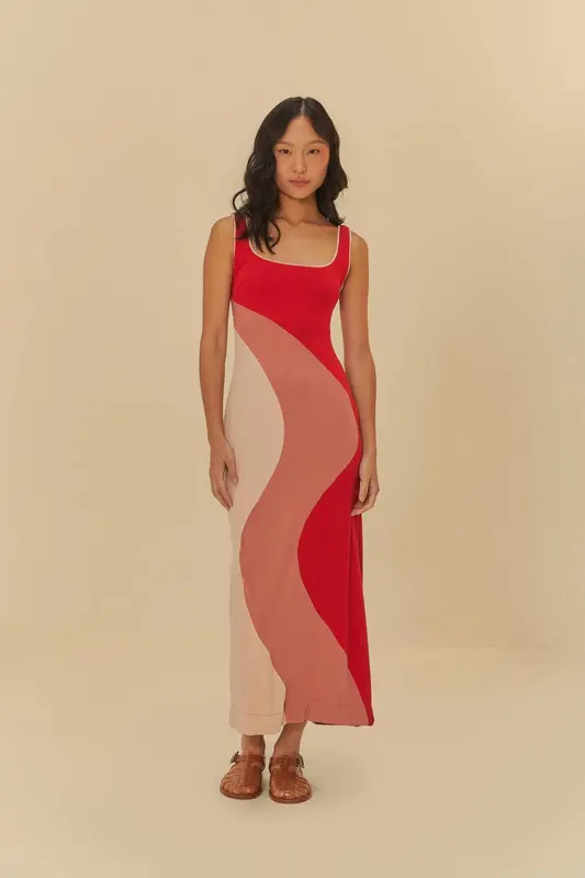 VESTIDO FARM RECORTES PATCH CREPE VERMELHO MELANCIA