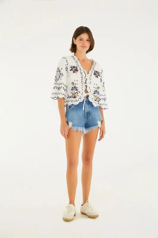 SHORT FARM BAIXO DESFIADO FENDA AZUL