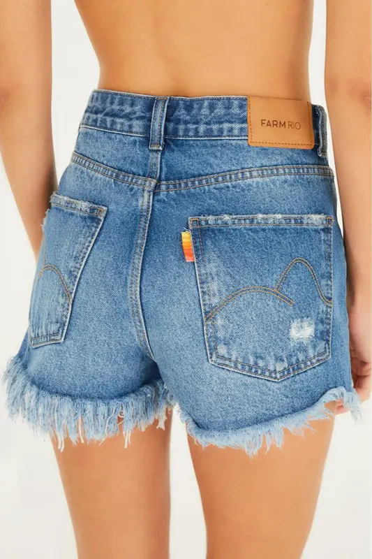 SHORT FARM BAIXO DESFIADO FENDA AZUL
